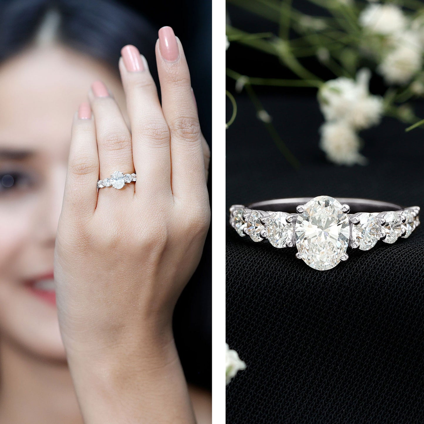 Lab Grown 1.2 Carat Diamond Oval Engagement Ring With Side Stones